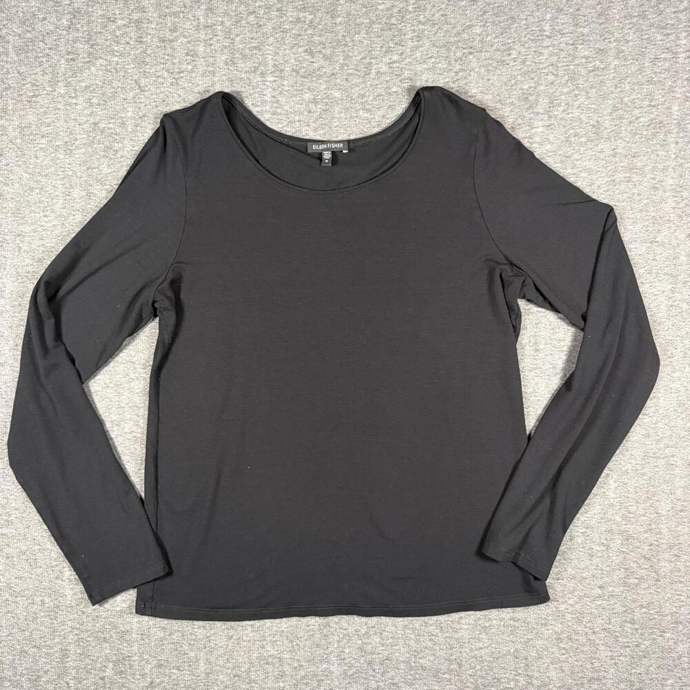 Eileen Fisher Womens M Black Rayon Scoop Neck Long Sleeve Stretch Jersey Top